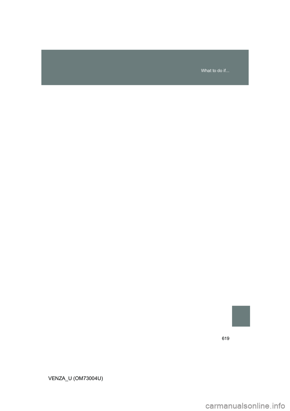 TOYOTA VENZA 2009 Owners Manual (in English) 619
What to do if...
VENZA_U (OM73004U) TOYOTA VENZA 2009 Owners Manual (in English) 619
What to do if...
VENZA_U (OM73004U)
