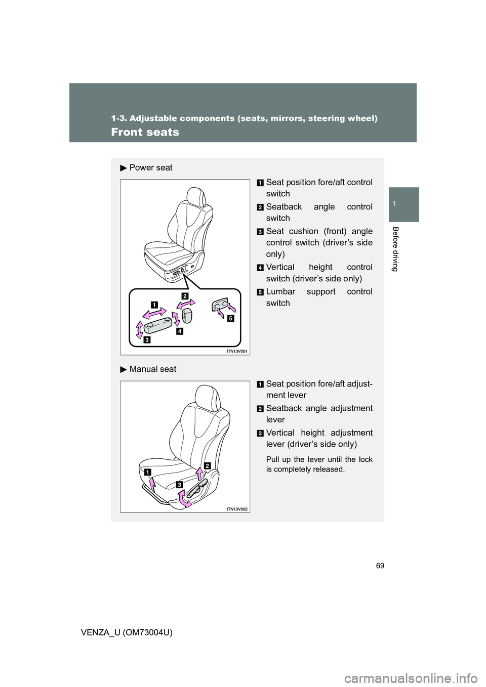 TOYOTA VENZA 2009  Owners Manual (in English) 69
1
Before driving
VENZA_U (OM73004U)
1-3. Adjustable components (seats, mirrors, steering wheel)
Front seats
Power seat
Seat position fore/aft control
switch
Seatback angle control
switch
Seat cushi