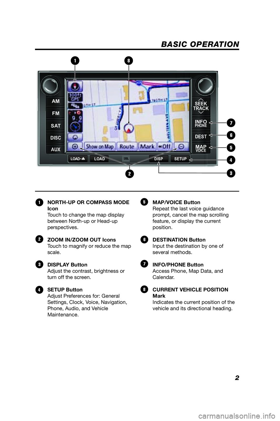 TOYOTA VENZA 2009 Accessories, Audio & Navigation (in English) 2
BASIC OPERATION
NORTH-UP OR COMPASS MODE
Icon
Touch to change the map display
between North-up or Head-up
perspectives.
ZOOM IN/ZOOM OUT Icons
Touch to magnify or reduce the map
scale.
DISPLAY B TOYOTA VENZA 2009 Accessories, Audio & Navigation (in English) 2
BASIC OPERATION
NORTH-UP OR COMPASS MODE
Icon
Touch to change the map display
between North-up or Head-up
perspectives.
ZOOM IN/ZOOM OUT Icons
Touch to magnify or reduce the map
scale.
DISPLAY B