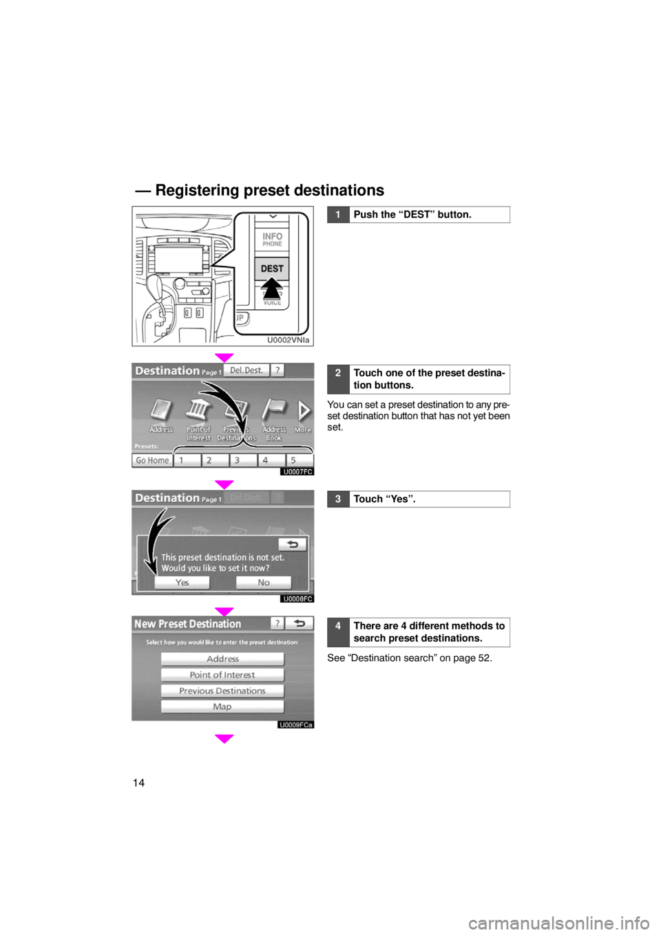 TOYOTA VENZA 2009  Accessories, Audio & Navigation (in English) 14
0U5112XU0002vnia
1Push the “DEST” button.
2Touch one of the preset destina-
tion buttons.
You can set a preset destination to any pre-
set destination button that has not yet been
set.
3Touch �
