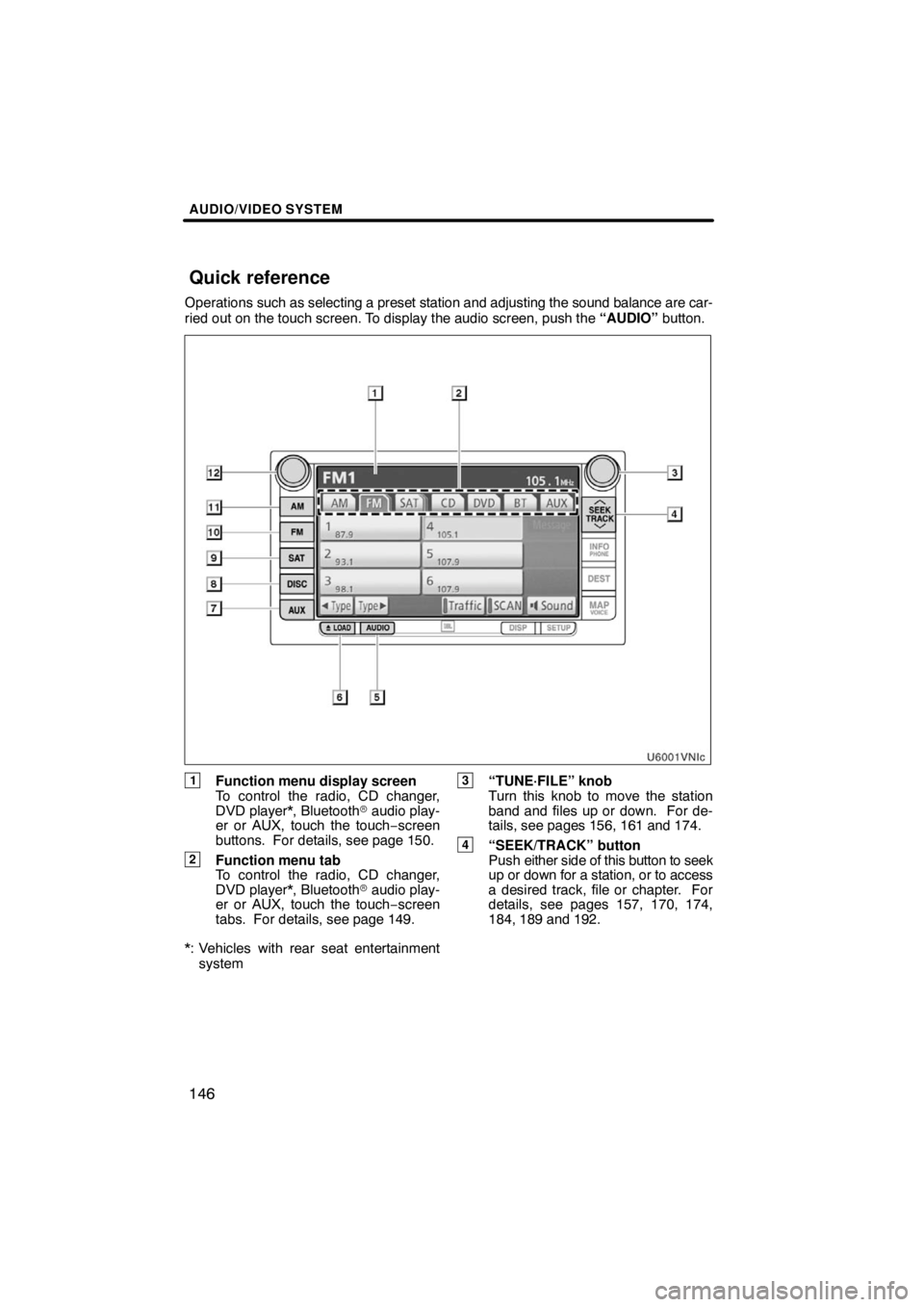 TOYOTA VENZA 2009  Accessories, Audio & Navigation (in English) AUDIO/VIDEO SYSTEM
146
Operations such as selecting a preset station and adjusting the sound balance are car-
ried out on the touch screen. To display the audio screen, push the “AUDIO” button.
1F
