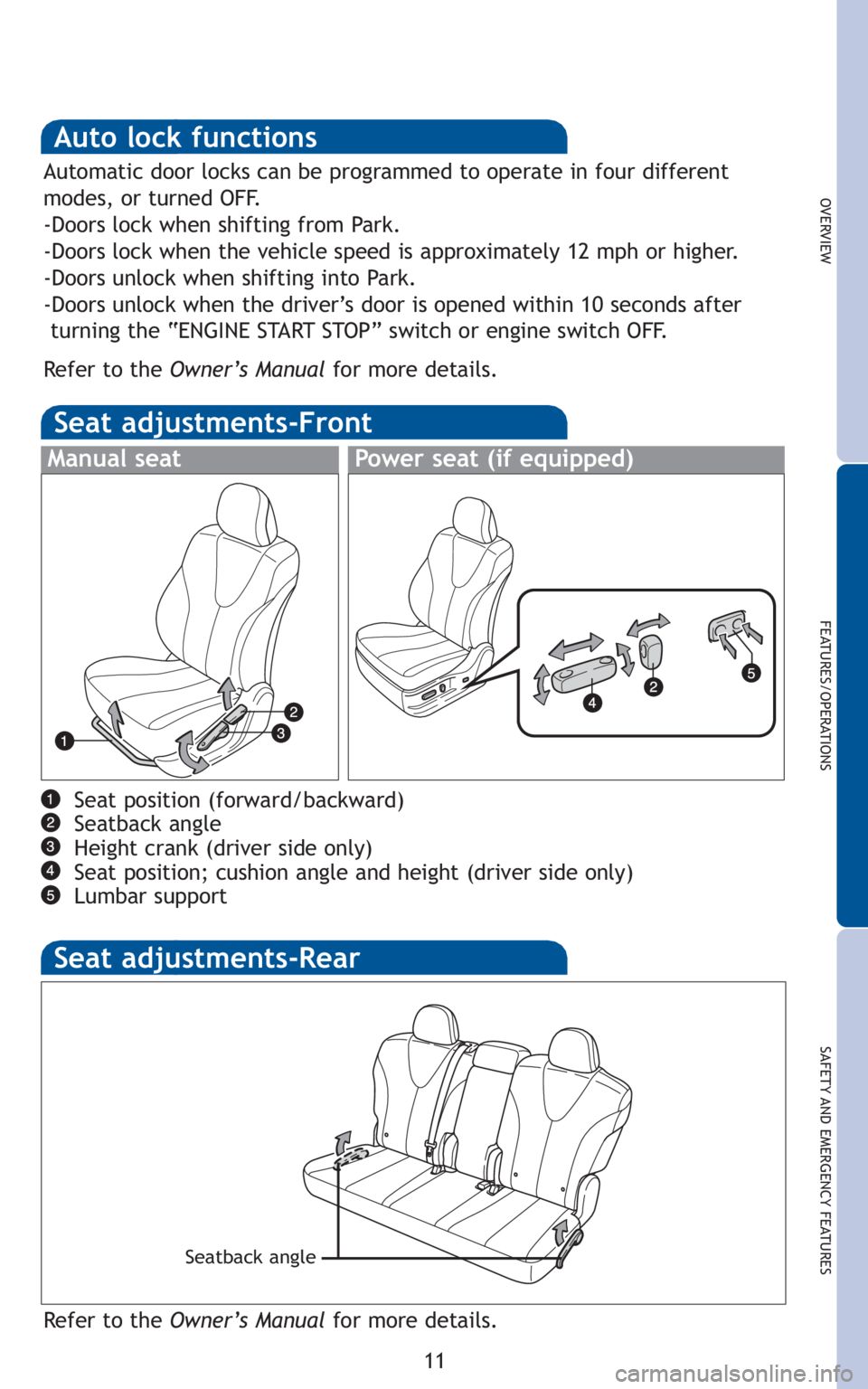 TOYOTA VENZA 2010 (in English) User Guide 11
OVERVIEW
FEATURES/OPERATIONS
SAFETY AND EMERGENCY FEATURES
Auto lock functions
Automatic door locks can be programmed to operate in four different
modes, or turned OFF.
-Doors lock when shifting fr TOYOTA VENZA 2010 (in English) User Guide 11
OVERVIEW
FEATURES/OPERATIONS
SAFETY AND EMERGENCY FEATURES
Auto lock functions
Automatic door locks can be programmed to operate in four different
modes, or turned OFF.
-Doors lock when shifting fr