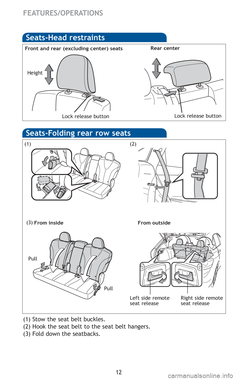 TOYOTA VENZA 2010 (in English) User Guide 12
FEATURES/OPERATIONS
Seats-Head restraints
Front and rear (excluding center) seatsRear center
Lock release buttonLock release button
Height
(1) Stow the seat belt buckles.
(2) Hook the seat belt to TOYOTA VENZA 2010 (in English) User Guide 12
FEATURES/OPERATIONS
Seats-Head restraints
Front and rear (excluding center) seatsRear center
Lock release buttonLock release button
Height
(1) Stow the seat belt buckles.
(2) Hook the seat belt to