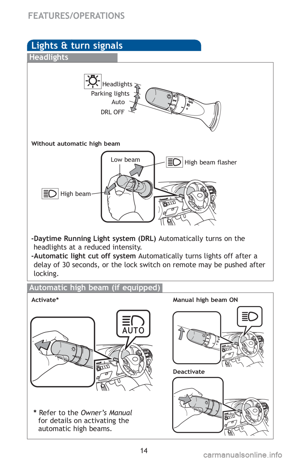 TOYOTA VENZA 2010 (in English) User Guide 14
FEATURES/OPERATIONS
Lights & turn signals
Headlights
High beam flasher Low beam Headlights
-Daytime Running Light system (DRL) Automatically turns on the
headlights at a reduced intensity.
-Automat TOYOTA VENZA 2010 (in English) User Guide 14
FEATURES/OPERATIONS
Lights & turn signals
Headlights
High beam flasher Low beam Headlights
-Daytime Running Light system (DRL) Automatically turns on the
headlights at a reduced intensity.
-Automat