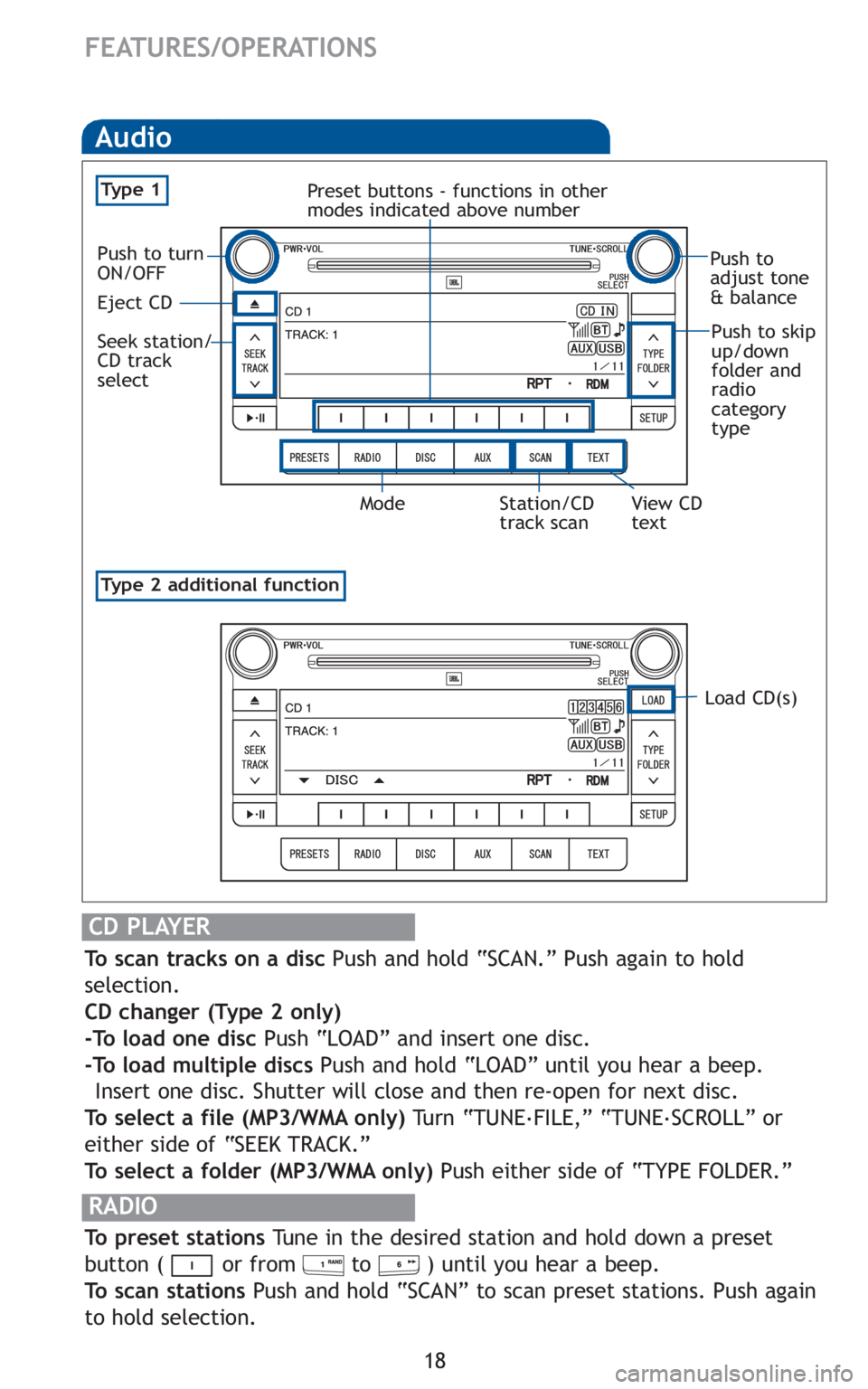 TOYOTA VENZA 2010 (in English) User Guide 18
FEATURES/OPERATIONS
Audio
RADIO
To preset stations Tune in the desired station and hold down a preset
button ( or from to ) until you hear a beep.
To scan stations Push and hold “SCAN” to sc TOYOTA VENZA 2010 (in English) User Guide 18
FEATURES/OPERATIONS
Audio
RADIO
To preset stations Tune in the desired station and hold down a preset
button ( or from to ) until you hear a beep.
To scan stations Push and hold “SCAN” to sc
