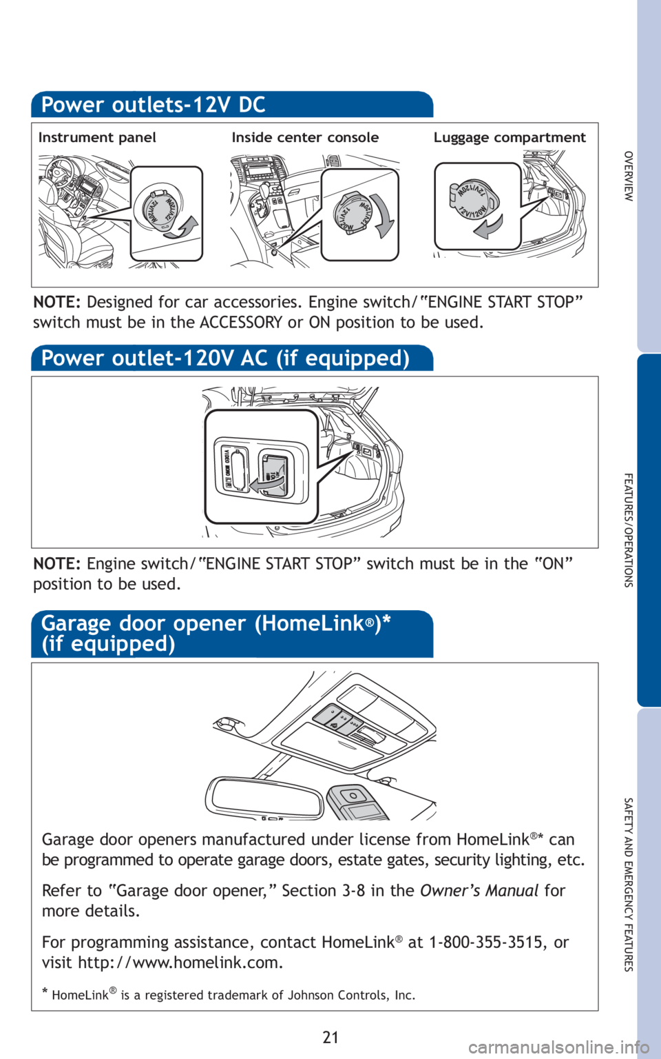 TOYOTA VENZA 2010   (in English) Owners Manual 21
OVERVIEW
FEATURES/OPERATIONS
SAFETY AND EMERGENCY FEATURES
Power outlets-12V DC
Garage door openers manufactured under license from HomeLink®* can
be programmed to operate garage doors, estate gat