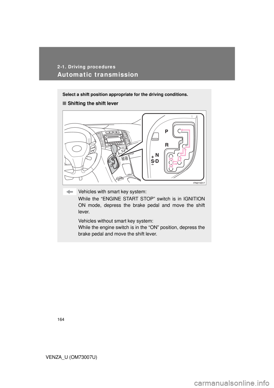 TOYOTA VENZA 2010  Owners Manual (in English) 164
2-1. Driving procedures
VENZA_U (OM73007U)
Automatic transmission
Select a shift position appropriate for the driving conditions.
■Shifting the shift lever
Vehicles with smart key system: 
While