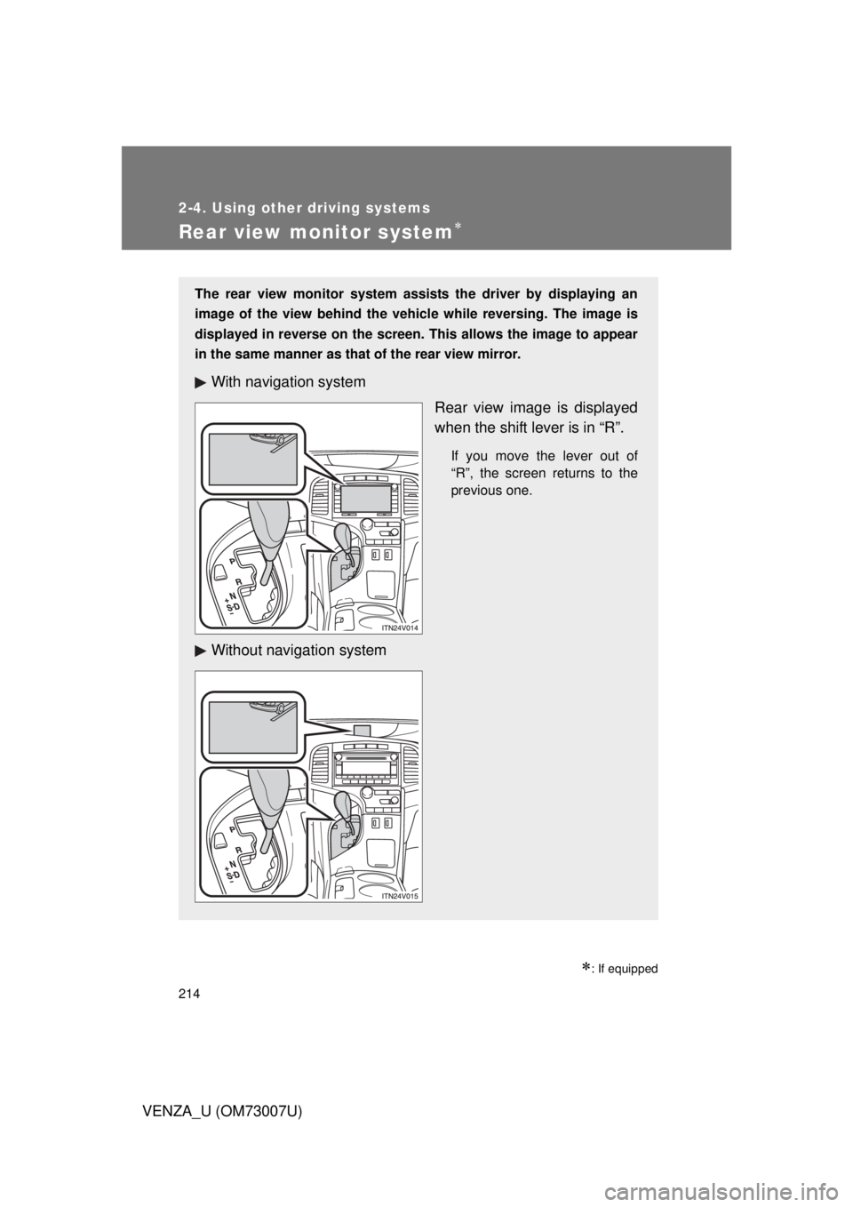 TOYOTA VENZA 2010  Owners Manual (in English) 214
2-4. Using other driving systems
VENZA_U (OM73007U)
Rear view monitor system
: If equipped
The rear view monitor system assists the driver by displaying an
image of the view behind the vehic