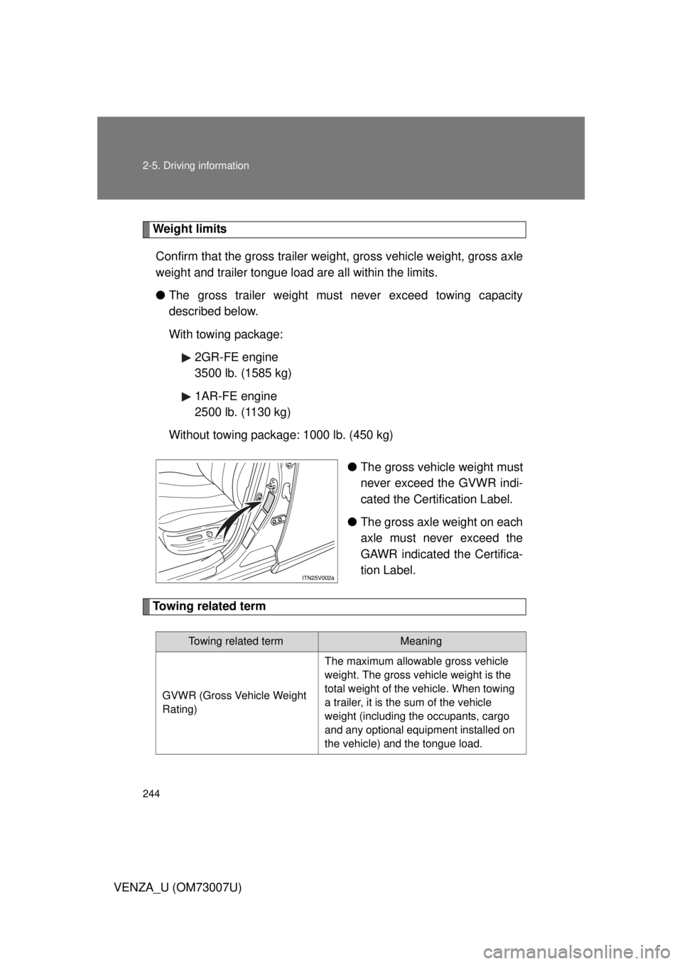 TOYOTA VENZA 2010 Owners Manual (in English) 244 2-5. Driving information
VENZA_U (OM73007U)
Weight limitsConfirm that the gross trailer weig ht, gross vehicle weight, gross axle
weight and trailer tongue load are all within the limits.
● The TOYOTA VENZA 2010 Owners Manual (in English) 244 2-5. Driving information
VENZA_U (OM73007U)
Weight limitsConfirm that the gross trailer weig ht, gross vehicle weight, gross axle
weight and trailer tongue load are all within the limits.
● The