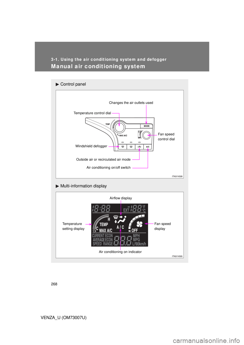 TOYOTA VENZA 2010  Owners Manual (in English) 268
3-1. Using the air conditioning system and defogger
VENZA_U (OM73007U)
Manual air conditioning system
Control panel
Multi-information display
Temperature control dial
Changes the air outlets used
