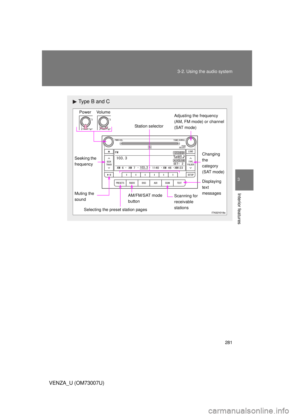 TOYOTA VENZA 2010  Owners Manual (in English) 281
3-2. Using the audio system
3
Interior features
VENZA_U (OM73007U)
Type B and C
Selecting the preset station pages
Displaying 
text 
messages
AM/FM/SAT mode 
button
Changing
the 
category
(SAT mod