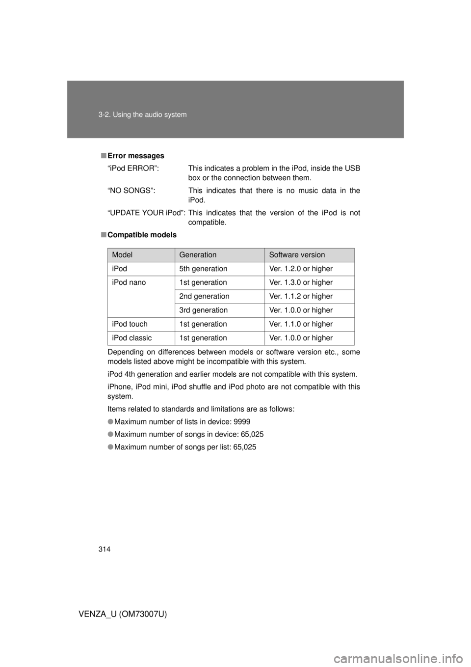 TOYOTA VENZA 2010 Owners Manual (in English) 314 3-2. Using the audio system
VENZA_U (OM73007U)
■Error messages
“iPod ERROR”: This indicates a problem in the iPod, inside the USB
box or the connection between them.
“NO SONGS”: This ind TOYOTA VENZA 2010 Owners Manual (in English) 314 3-2. Using the audio system
VENZA_U (OM73007U)
■Error messages
“iPod ERROR”: This indicates a problem in the iPod, inside the USB
box or the connection between them.
“NO SONGS”: This ind