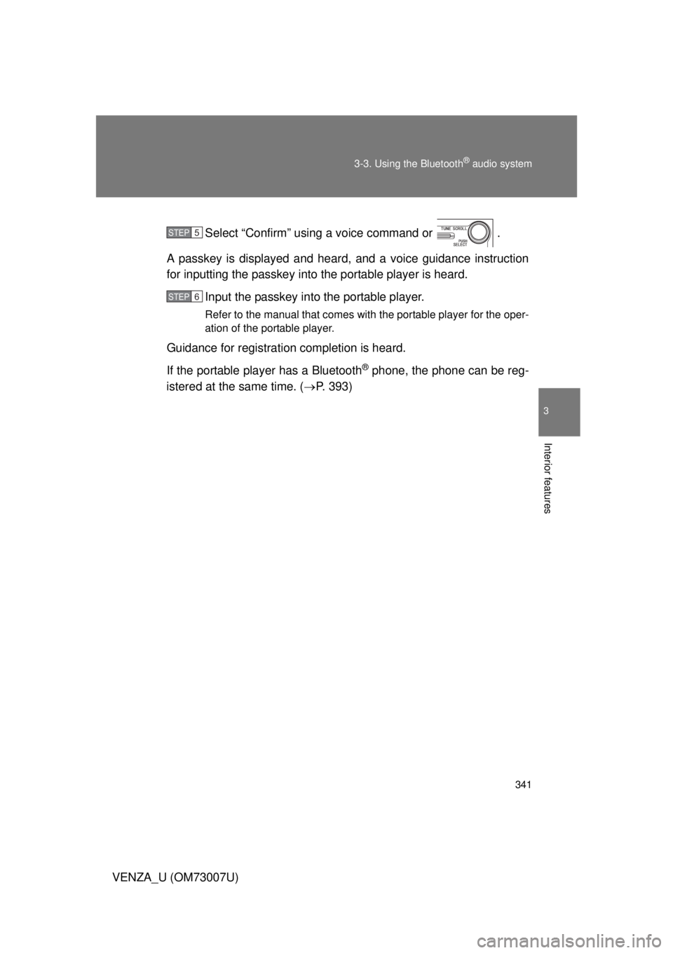 TOYOTA VENZA 2010  Owners Manual (in English) 341
3-3. Using the Bluetooth
® audio system
3
Interior features
VENZA_U (OM73007U)
Select “Confirm” using a voice command or  .
A passkey is displayed and heard, and a voice guidance instruction
