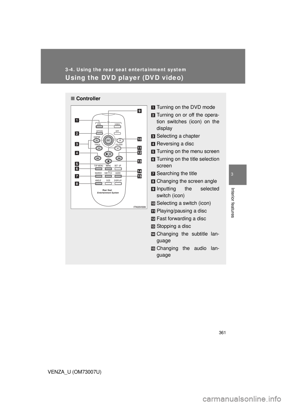 TOYOTA VENZA 2010  Owners Manual (in English) 361
3-4. Using the rear seat entertainment system
3
Interior features
VENZA_U (OM73007U)
Using the DVD player (DVD video)
■Controller
Turning on the DVD mode
Turning on or off the opera-
tion switch