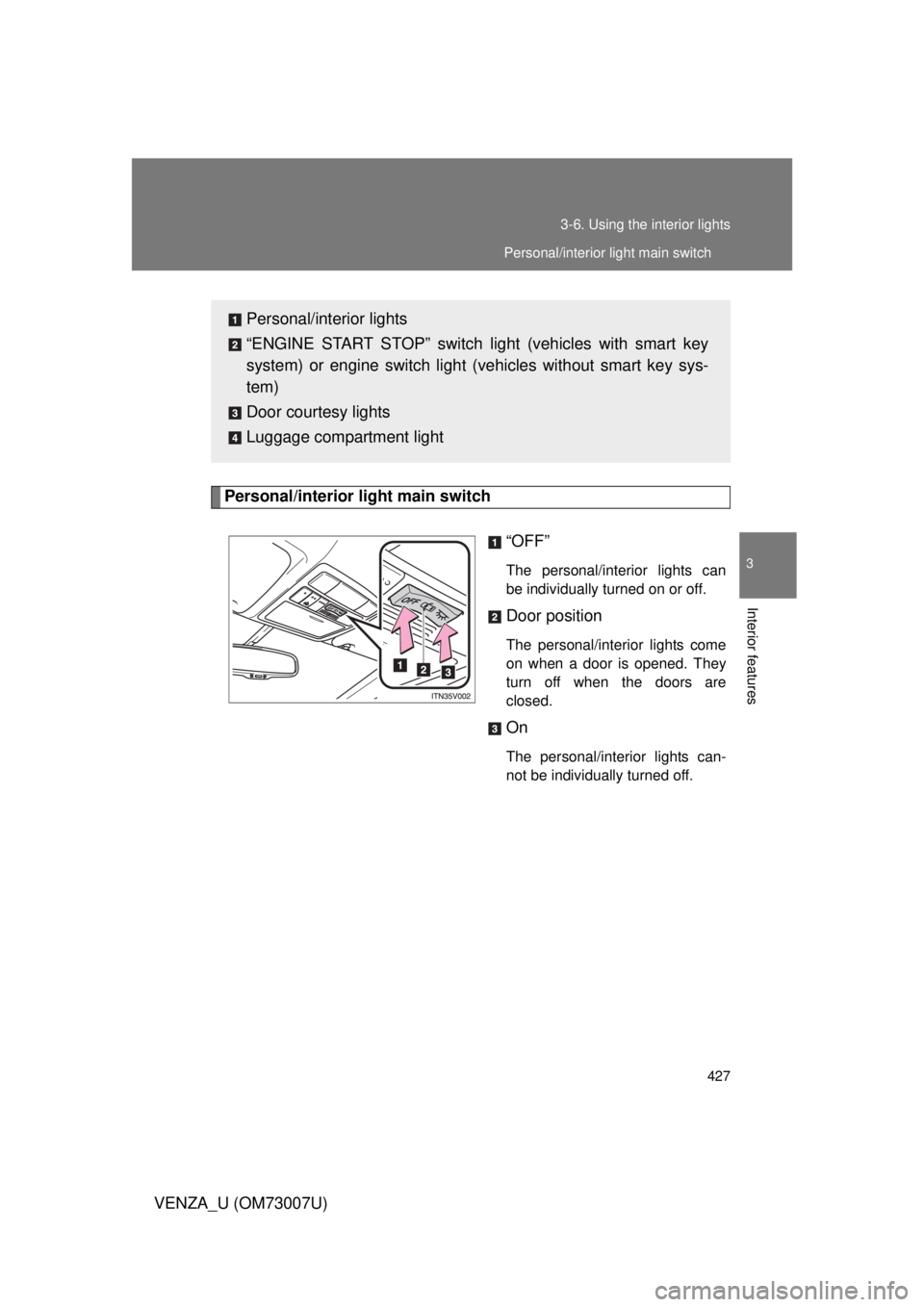 TOYOTA VENZA 2010  Owners Manual (in English) 427
3-6. Using the interior lights
3
Interior features
VENZA_U (OM73007U)
Personal/interior light main switch
“OFF”
The personal/interior lights can
be individually turned on or off.
Door position