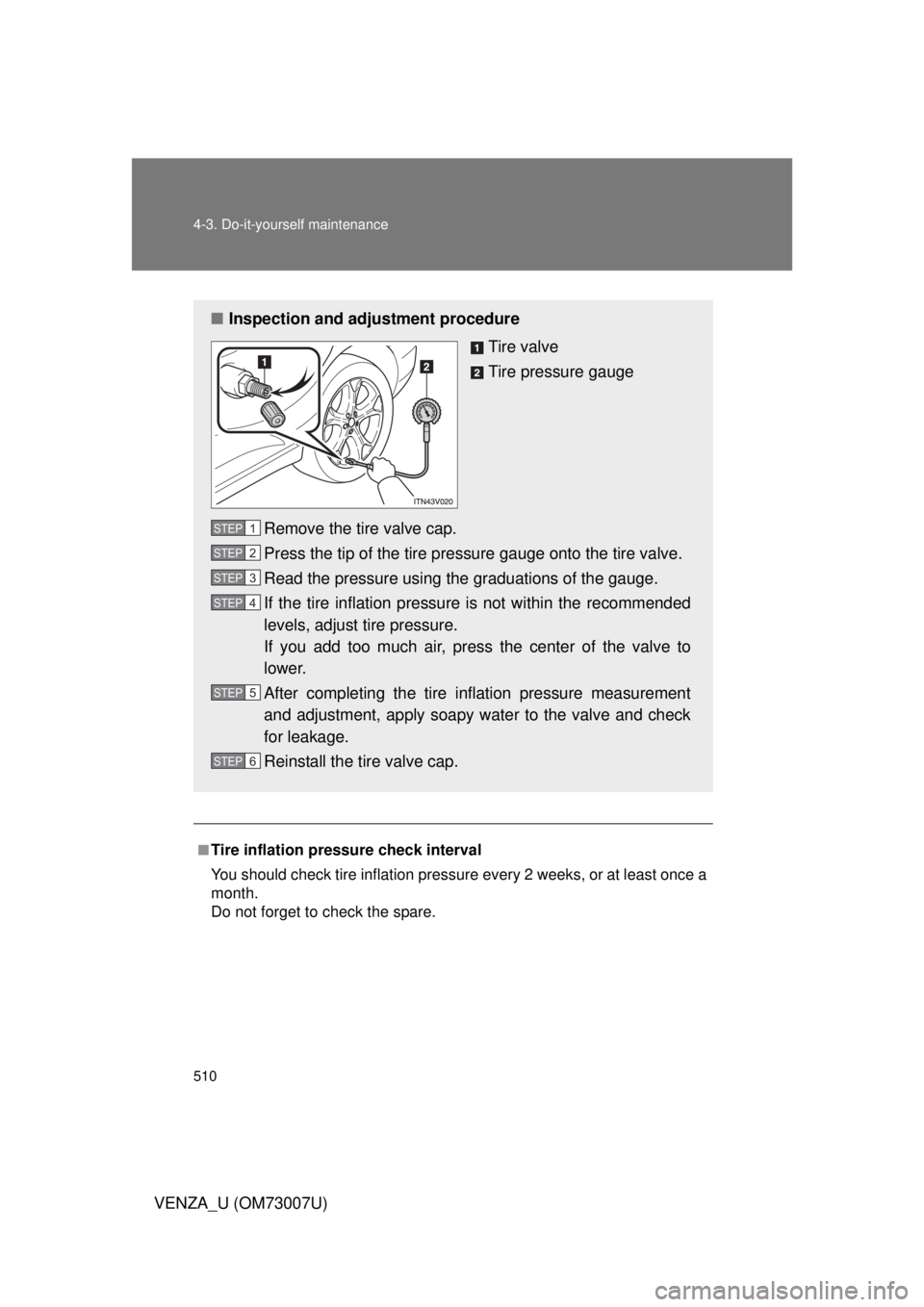 TOYOTA VENZA 2010  Owners Manual (in English) 510 4-3. Do-it-yourself maintenance
VENZA_U (OM73007U)
.
■Tire inflation pressure check interval
You should check tire inflation pressure every 2 weeks, or at least once a
month.
Do not forget to ch
