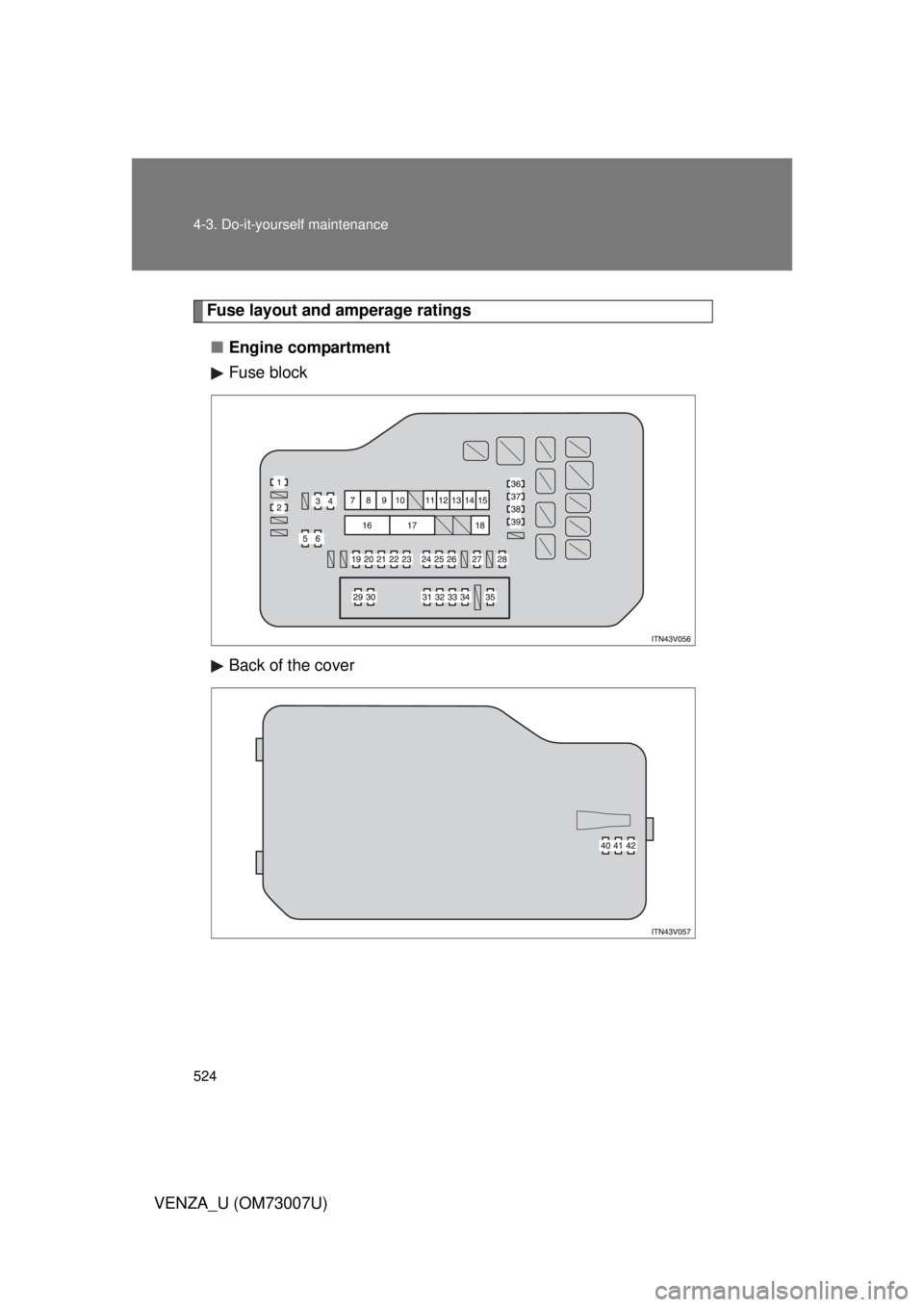 TOYOTA VENZA 2010  Owners Manual (in English) 524 4-3. Do-it-yourself maintenance
VENZA_U (OM73007U)
Fuse layout and amperage ratings■ Engine compartment
Fuse block
Back of the cover 