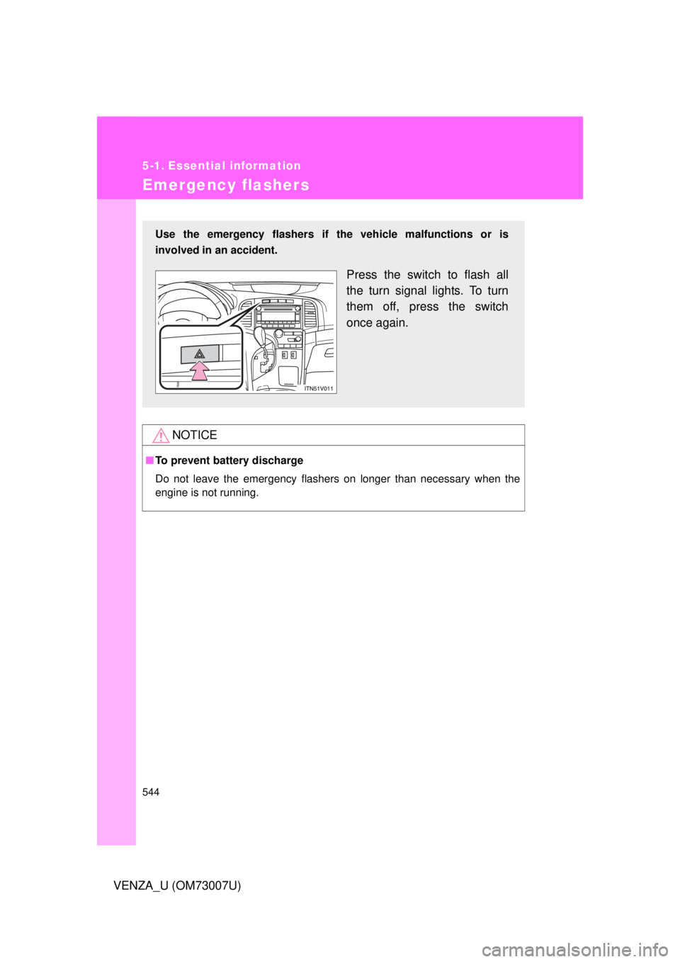 TOYOTA VENZA 2010  Owners Manual (in English) 544
VENZA_U (OM73007U)
5-1. Essential information
Emergency flashers
NOTICE
■To prevent battery discharge
Do not leave the emergency flashers on longer than necessary when the
engine is not running.