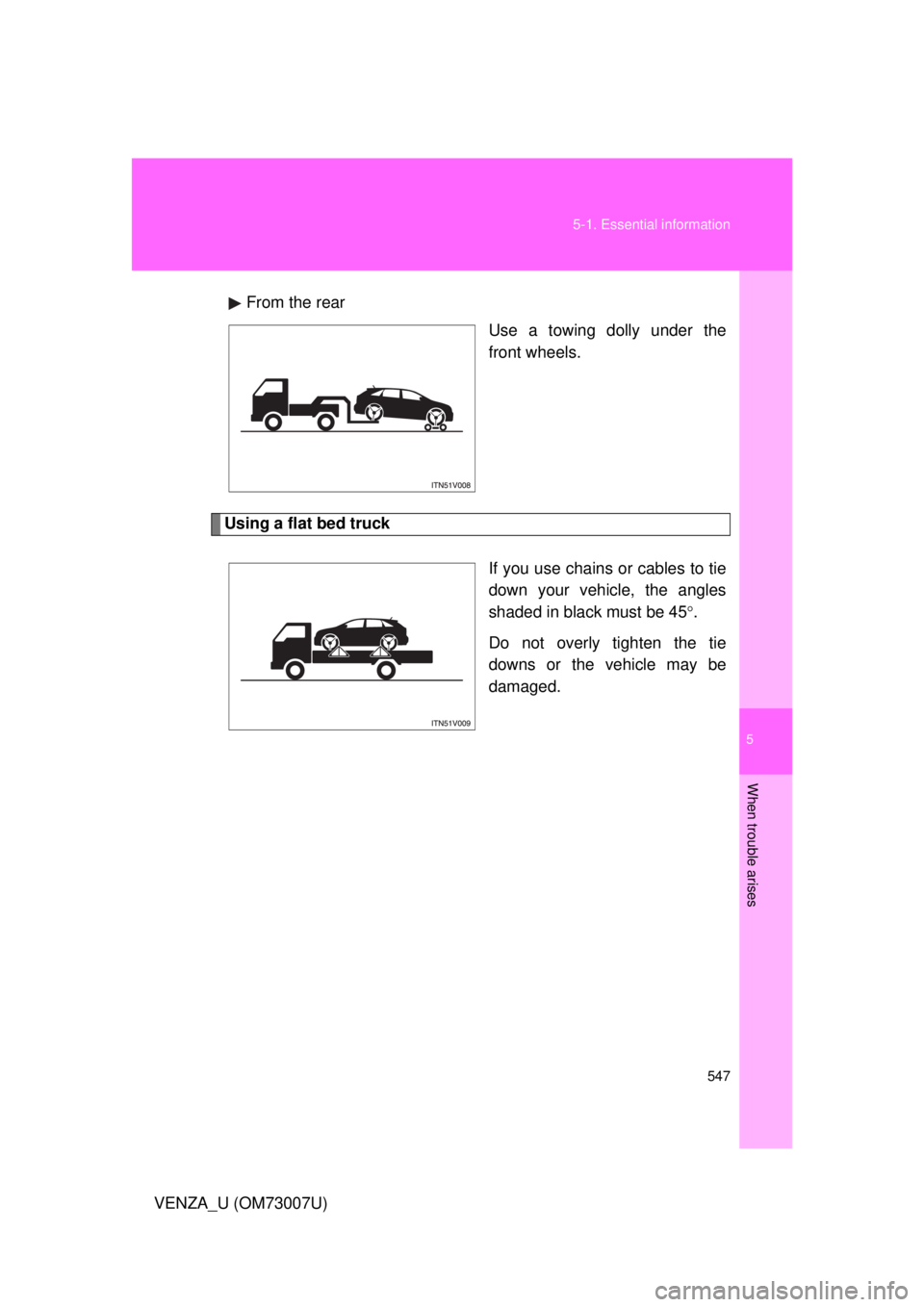 TOYOTA VENZA 2010  Owners Manual (in English) 5
When trouble arises
547
5-1. Essential information
VENZA_U (OM73007U)
From the rear
Use a towing dolly under the
front wheels.
Using a flat bed truck
If you use chains or cables to tie
down your veh
