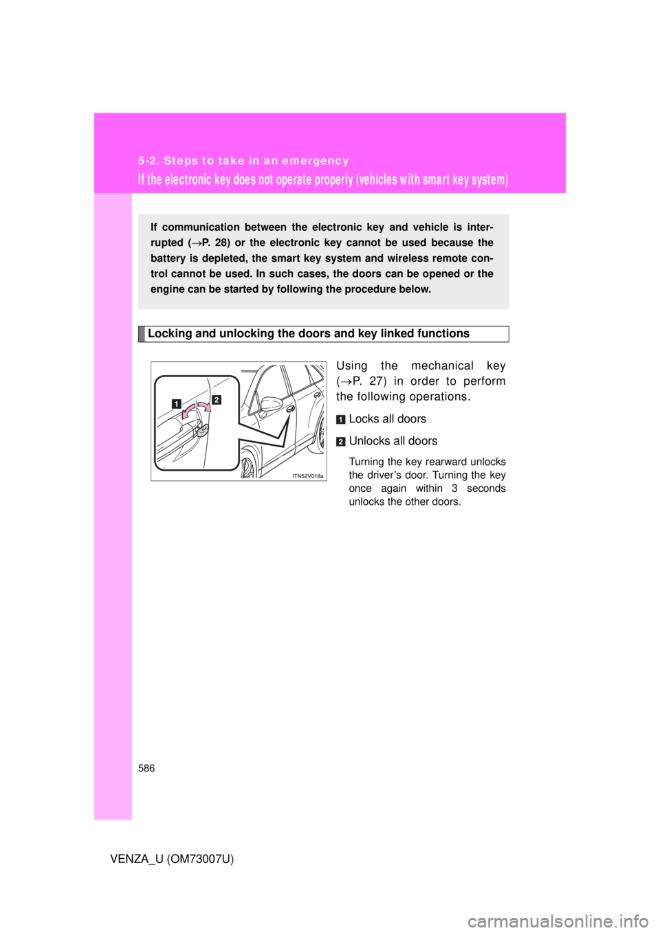 TOYOTA VENZA 2010  Owners Manual (in English) 586
5-2. Steps to take in an emergency
VENZA_U (OM73007U)
If the electronic key does not operate properly (vehicles with smar t key system)
Locking and unlocking the door s and key linked functions
Us