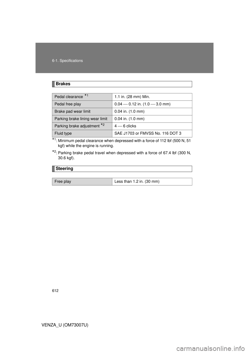 TOYOTA VENZA 2010 Owners Manual (in English) 612 6-1. Specifications
VENZA_U (OM73007U)
Brakes
*1: Minimum pedal clearance when depressed with a force of 112 lbf (500 N, 51kgf) while the engine is running.
*2: Parking brake pedal travel when dep TOYOTA VENZA 2010 Owners Manual (in English) 612 6-1. Specifications
VENZA_U (OM73007U)
Brakes
*1: Minimum pedal clearance when depressed with a force of 112 lbf (500 N, 51kgf) while the engine is running.
*2: Parking brake pedal travel when dep