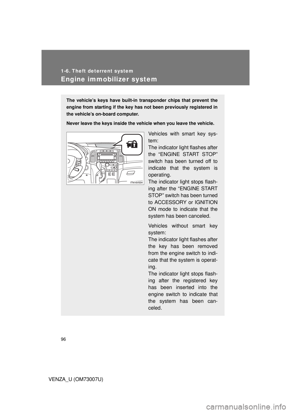 TOYOTA VENZA 2010  Owners Manual (in English) 96
VENZA_U (OM73007U)
1-6. Theft deterrent system
Engine immobilizer system
The vehicle’s keys have built-in transponder chips that prevent the
engine from starting if the key has  not been previous
