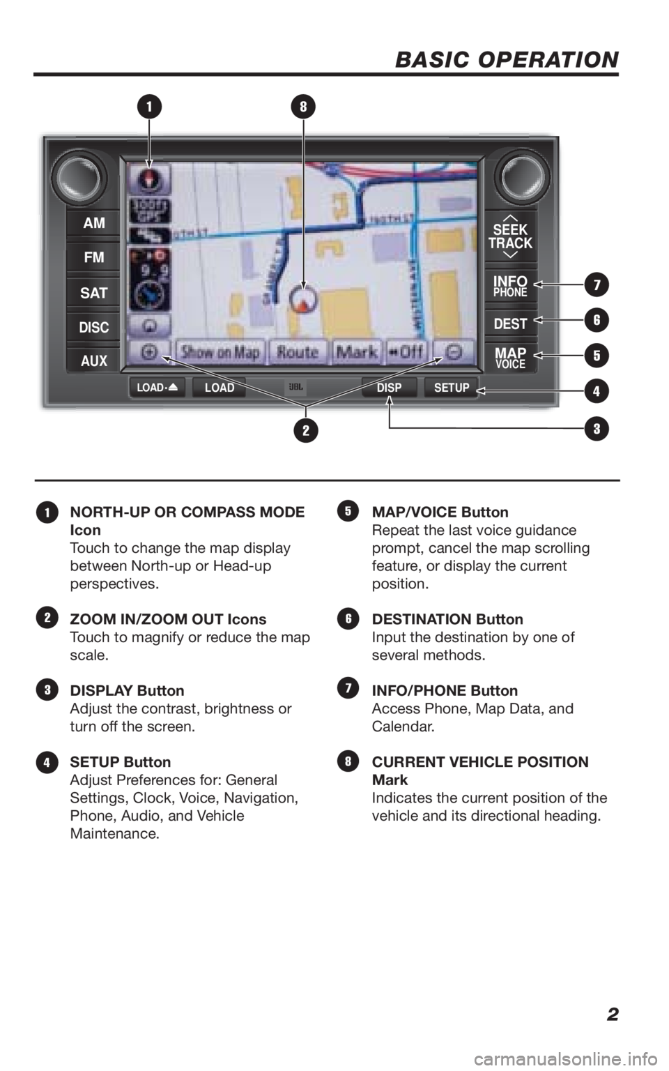 TOYOTA VENZA 2010 Accessories, Audio & Navigation (in English) 2
BASIC OPERATION
NORTH-UP OR COMPASS MODE
Icon
Touch to change the map display
between North-up or Head-up
perspectives.
ZOOM IN/ZOOM OUT Icons
Touch to magnify or reduce the map
scale.
DISPLAY B TOYOTA VENZA 2010 Accessories, Audio & Navigation (in English) 2
BASIC OPERATION
NORTH-UP OR COMPASS MODE
Icon
Touch to change the map display
between North-up or Head-up
perspectives.
ZOOM IN/ZOOM OUT Icons
Touch to magnify or reduce the map
scale.
DISPLAY B