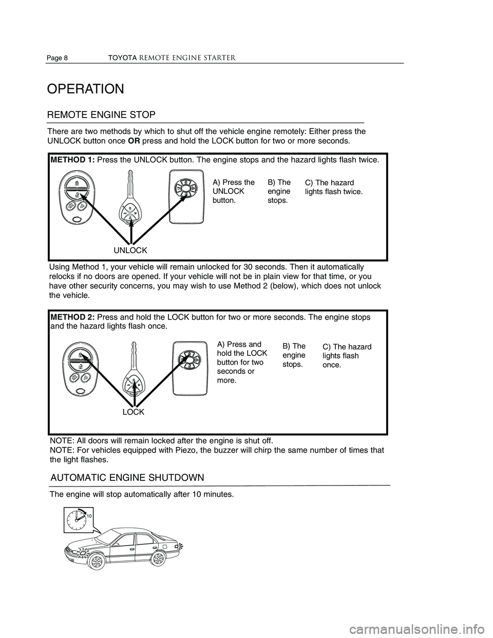 TOYOTA VENZA 2010 Accessories, Audio & Navigation (in English) Page 8 TOYOTAREMOTE ENGINE STARTERTOYOTAREMOTE ENGINE STARTER Page 5
OPERATION
BEFORE STARTING THE ENGINE
The shift lever is in the “P” position.
(Without Push Start)
The key is TOYOTA VENZA 2010 Accessories, Audio & Navigation (in English) Page 8 TOYOTAREMOTE ENGINE STARTERTOYOTAREMOTE ENGINE STARTER Page 5
OPERATION
BEFORE STARTING THE ENGINE
The shift lever is in the “P” position.
(Without Push Start)
The key is