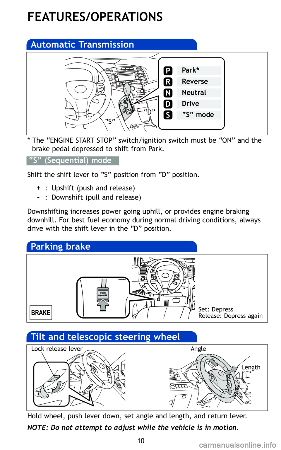 TOYOTA VENZA 2011   (in English) User Guide 10
FEATURES/OPERATIONS


P ark *
Reverse
Neutra l
Drive
“S” mode“S”
“D”

Auto
mode�D oo
�D oo
� D oo
�D oo
tur n 
R efe

Set: Depress 
Release: Depressagain

Hold whee l,push lever down, s