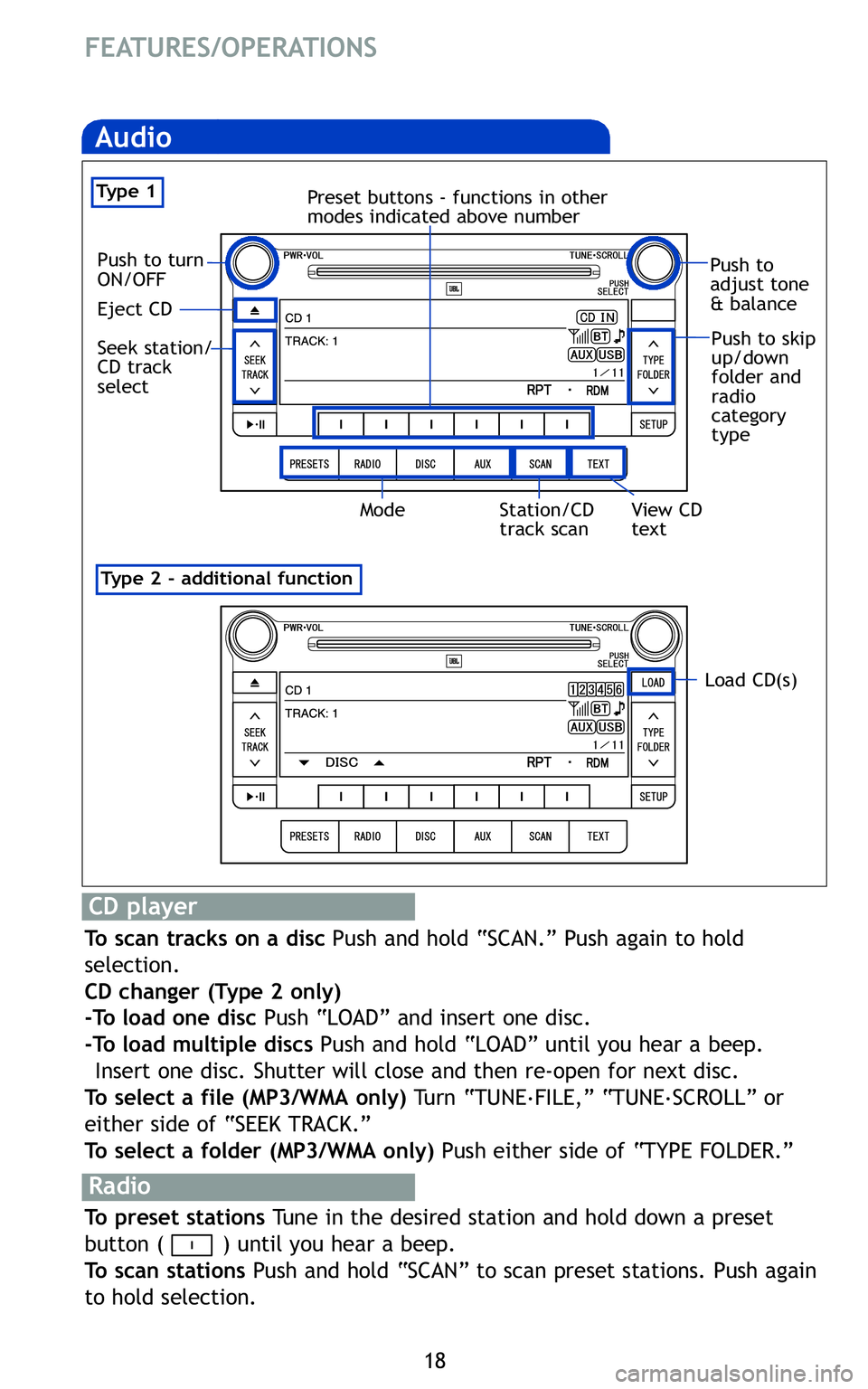 TOYOTA VENZA 2011  Owners Manual (in English) 18
FEATURES/OPERATIONS



Toscan tracks onadisc Push andhold “SCAN\b” Pushagain tohold
selection\b
CD changer (Type\fonly)
�To load onedisc Push “LOAD” andinsert onedisc\b
�To load multiple di