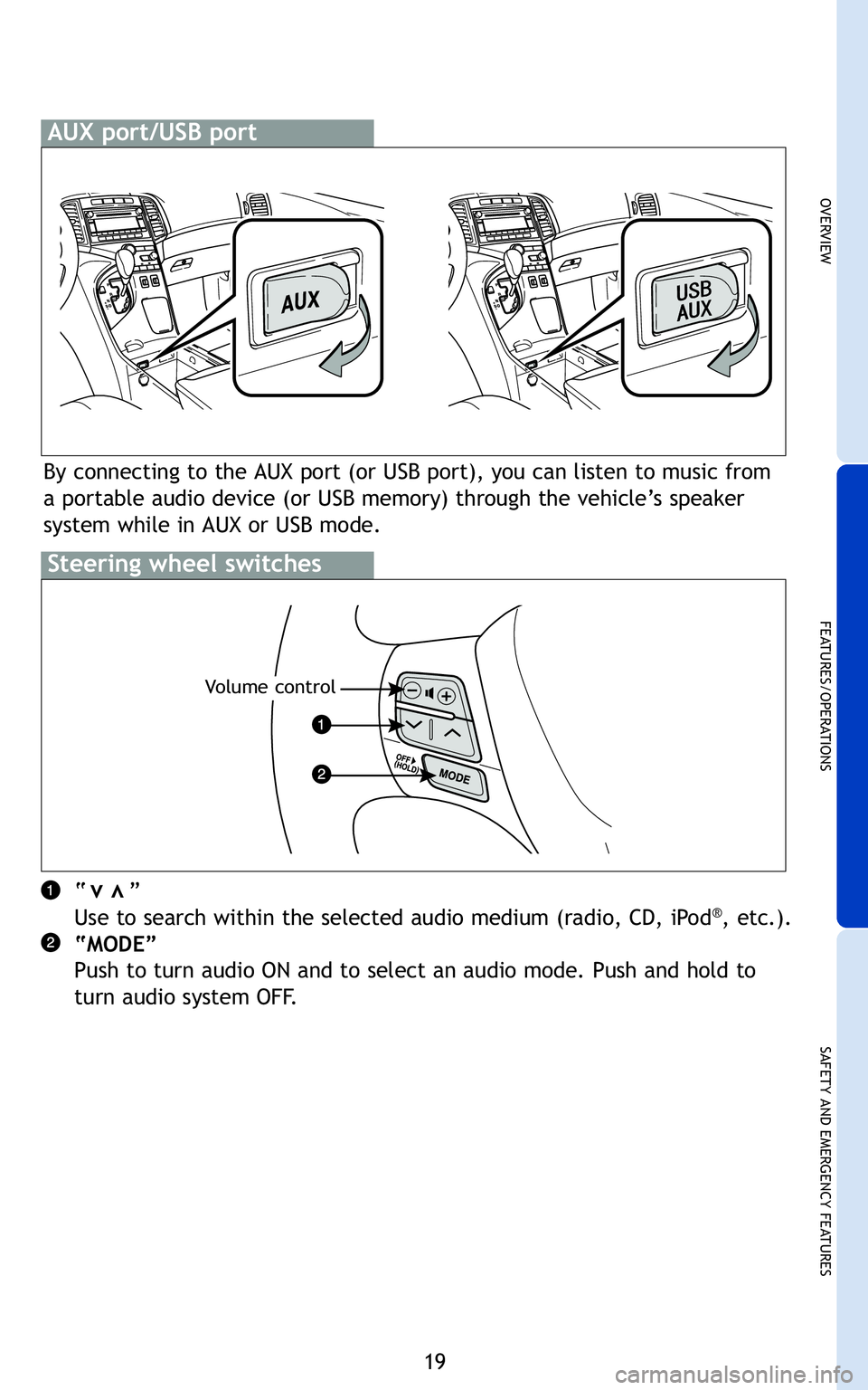 TOYOTA VENZA 2011   (in English) Owners Manual 19
OVER V IE W
FE AT U RES/ O PER AT IO NS
SA FE T Y AN D EM ER G EN CY FE AT U RES
gai n
r 
”  “
” 
U se tosea rchwithin the selec tedaudio medium (radio, CD,iPod
®,etc\b)\b
“ M ODE ”
Pus 
