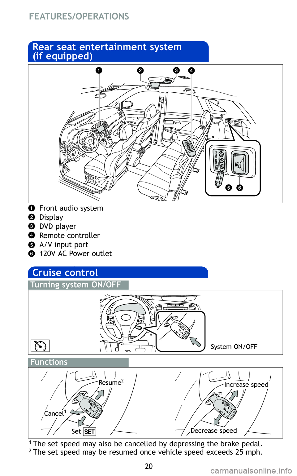 TOYOTA VENZA 2011   (in English) Owners Manual \f0
FE ATUR ES/O PERATIONS




System ON/OFF
Increase speed
Decrease speed
Cancel1
Resume\fGar 
b e p 
R ef 
mor 
F or 
visi 
*
Ho

F ront aud io sys tem 
D is pla y
D VD play er
Re mote controller
A/