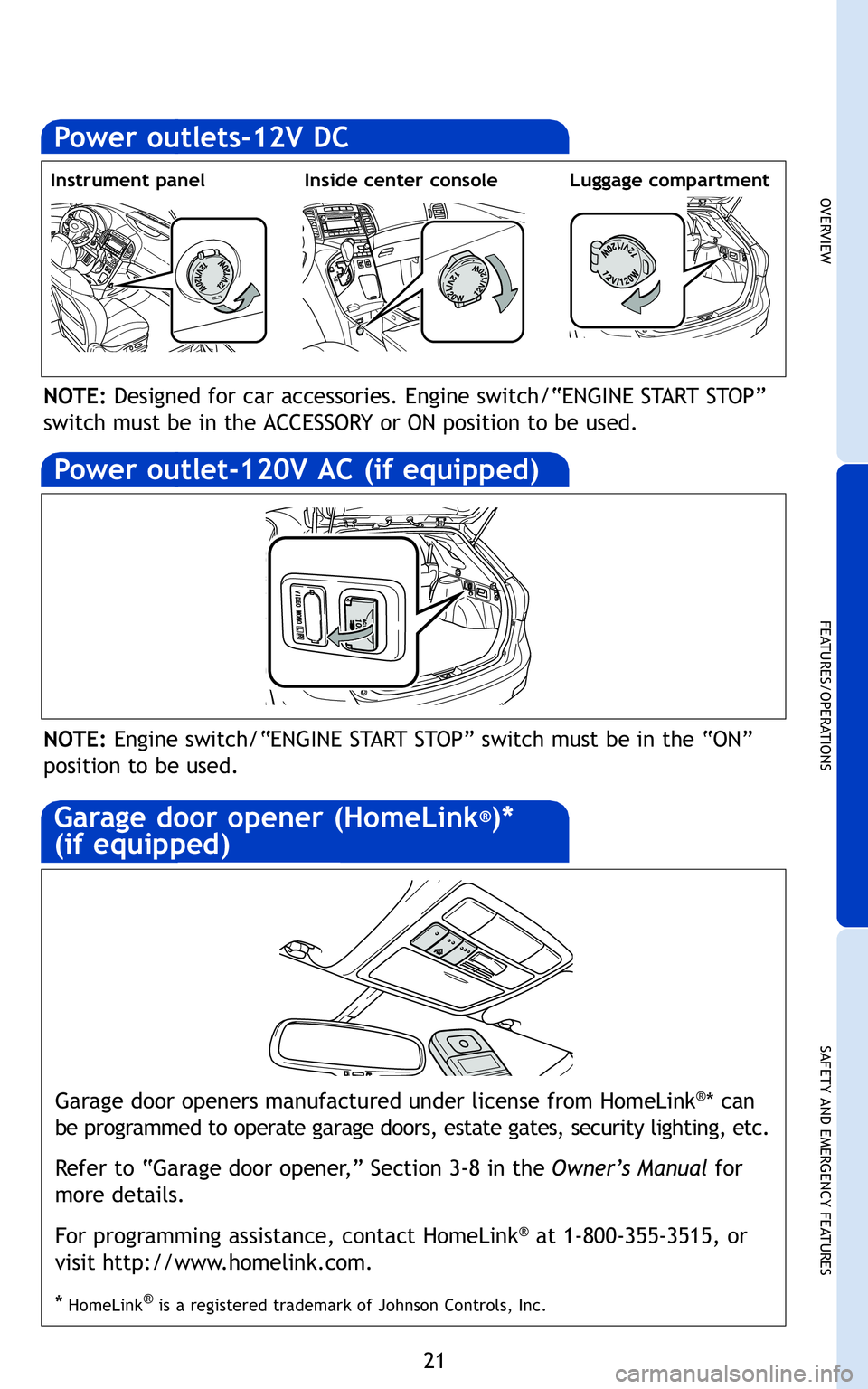 TOYOTA VENZA 2011   (in English) Owners Manual \f1
OVER V IE W
FE AT U RES/ O PER AT IO NS
SA FE T Y AN D EM ER G EN CY FE AT U RES

dGar age door openersman ufact ured under license from HomeLink®* ca n 
be pro gramme dto operate garage doors, e