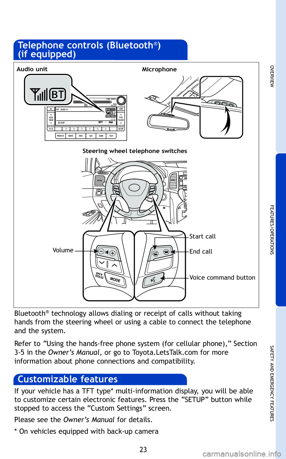 TOYOTA VENZA 2011   (in English) Owners Manual \f3
OVER V IE W
FE AT U RES/ O PER AT IO NS
SA FE T Y AN D EM ER G EN CY FE AT U RES
ing:
Blu eto oth®technology allows dialing orrec eipt ofcalls without taking 
ha nds from thesteer ing whe elor us