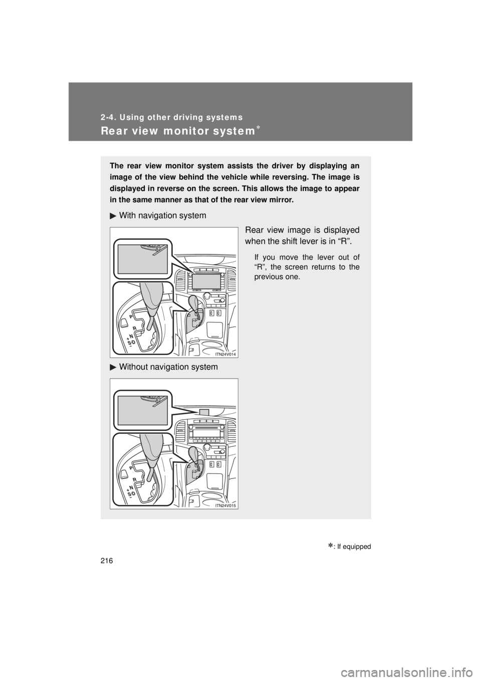 TOYOTA VENZA 2011  Owners Manual (in English) 216
2-4. Using other driving systems
VENZA_U (OM73008U)
Rear view monitor system
: If equipped
The rear view monitor system assists the driver by displaying an
image of the view behind the vehic