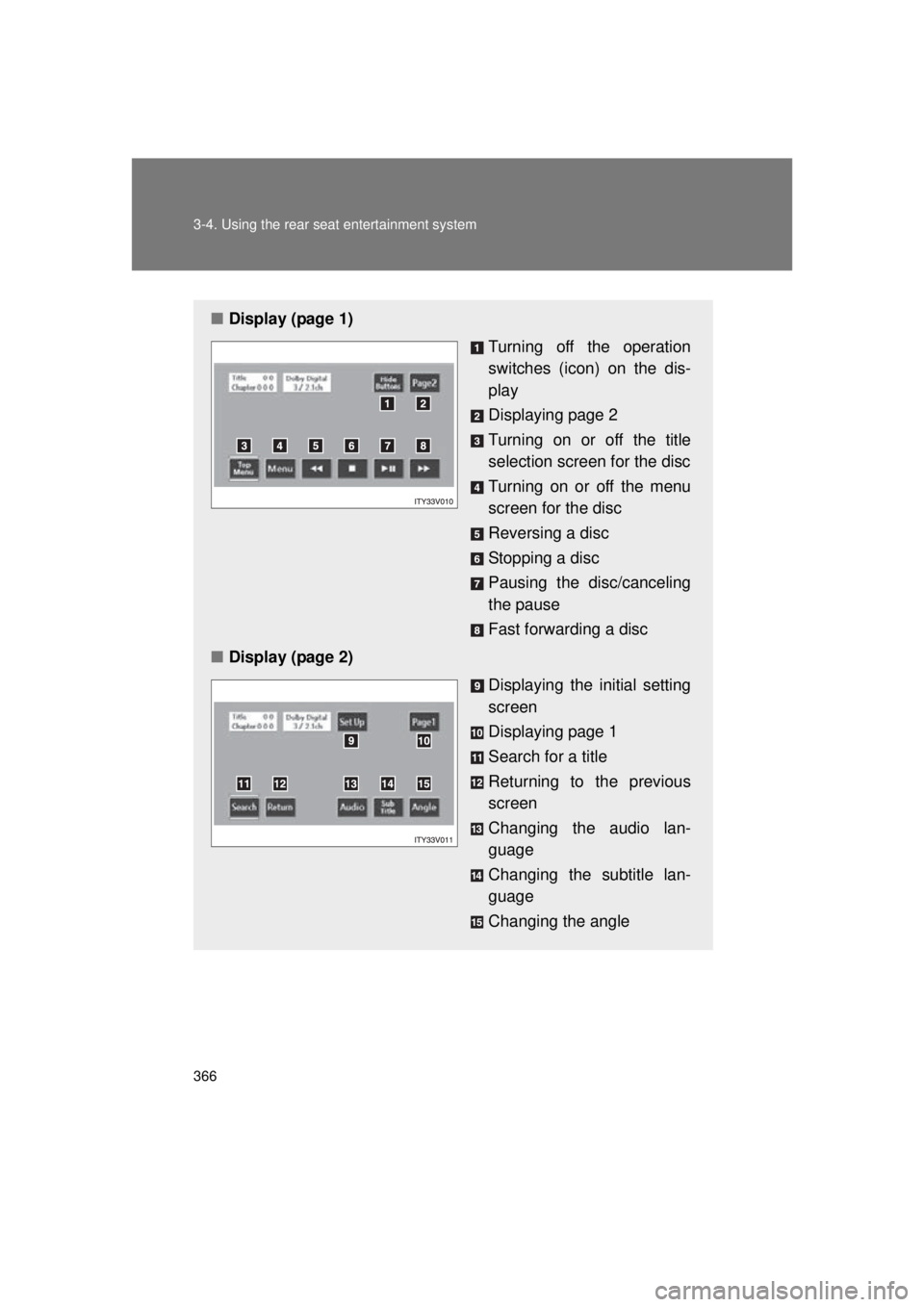 TOYOTA VENZA 2011 Owners Manual (in English) 366 3-4. Using the rear seat entertainment system
VENZA_U (OM73008U)
■Display (page 1)
Turning off the operation
switches (icon) on the dis-
play
Displaying page 2
Turning on or off the title
select TOYOTA VENZA 2011 Owners Manual (in English) 366 3-4. Using the rear seat entertainment system
VENZA_U (OM73008U)
■Display (page 1)
Turning off the operation
switches (icon) on the dis-
play
Displaying page 2
Turning on or off the title
select