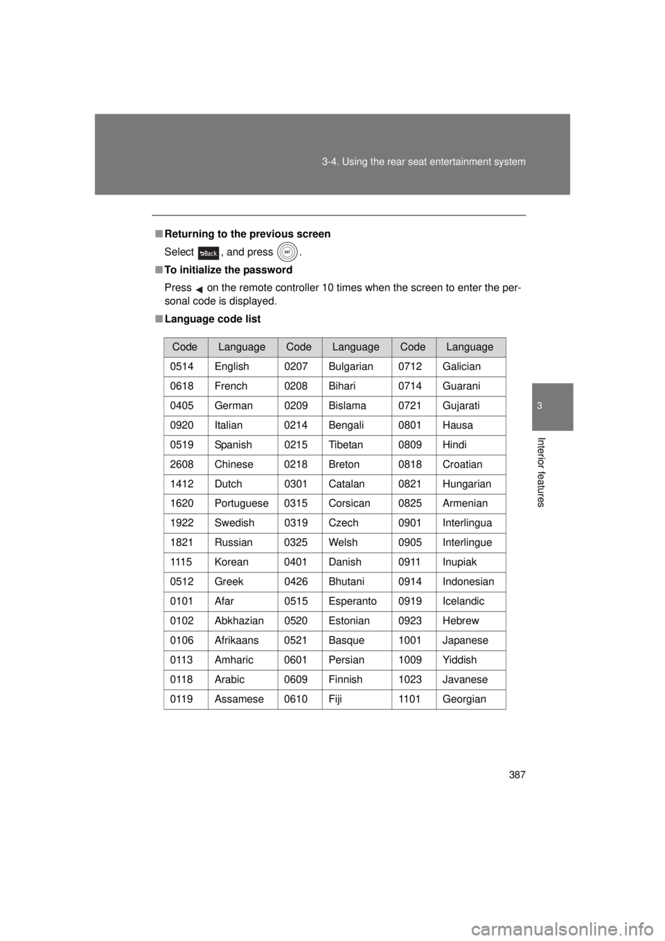 TOYOTA VENZA 2011  Owners Manual (in English) 387
3-4. Using the rear seat entertainment system
3
Interior features
VENZA_U (OM73008U)
■
Returning to the previous screen
Select , and press .
■ To initialize the password
Press 
 on the remote 