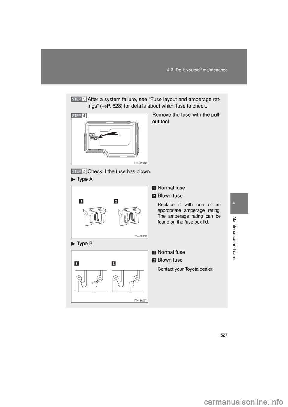TOYOTA VENZA 2011  Owners Manual (in English) 527
4-3. Do-it-yourself maintenance
4
Maintenance and care
VENZA_U (OM73008U)
After a system failure, see “Fuse layout and amperage rat-
ings” (
P. 528) for details about which fuse to check.
R