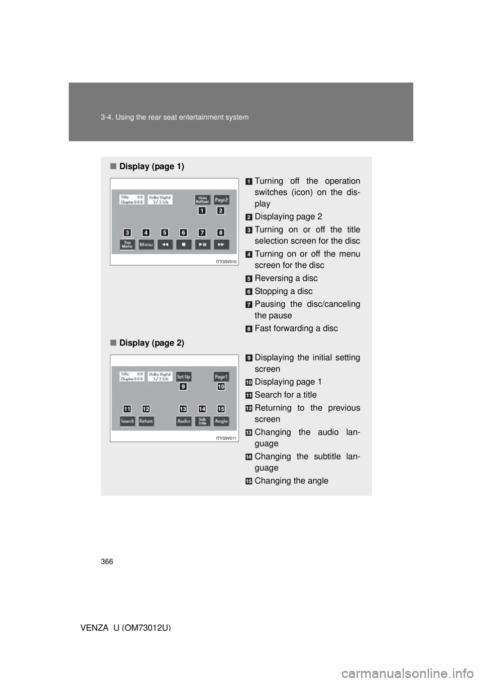 TOYOTA VENZA 2011 Owners Manual (in English) 366 3-4. Using the rear seat entertainment system
VENZA_U (OM73012U)
■Display (page 1)
Turning off the operation
switches (icon) on the dis-
play
Displaying page 2
Turning on or off the title
select TOYOTA VENZA 2011 Owners Manual (in English) 366 3-4. Using the rear seat entertainment system
VENZA_U (OM73012U)
■Display (page 1)
Turning off the operation
switches (icon) on the dis-
play
Displaying page 2
Turning on or off the title
select