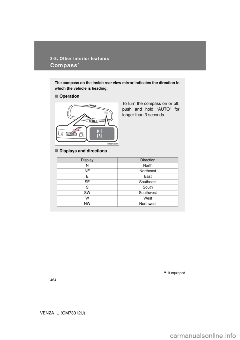 TOYOTA VENZA 2011  Owners Manual (in English) 464
3-8. Other interior features
VENZA_U (OM73012U)
Compass
: If equipped
The compass on the inside rear view mirror indicates the direction in
which the vehicle is heading.
■ Operation
To tur