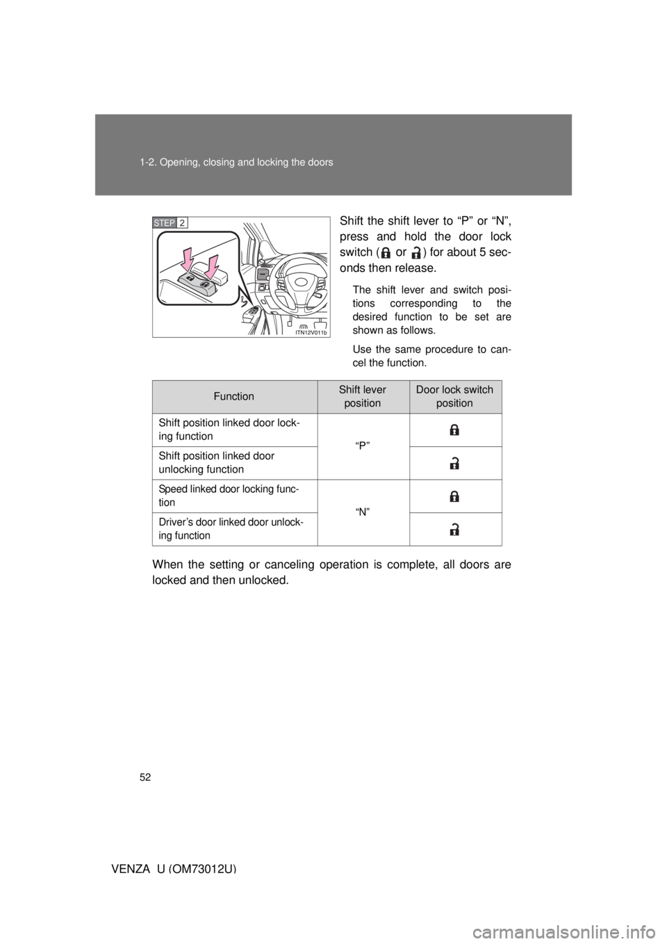 TOYOTA VENZA 2011   (in English) Workshop Manual 52 1-2. Opening, closing and locking the doors
VENZA_U (OM73012U)Shift the shift lever to “P” or “N”,
press and hold the door lock
switch (
 or ) for about 5 sec-
onds then release.
The shift 