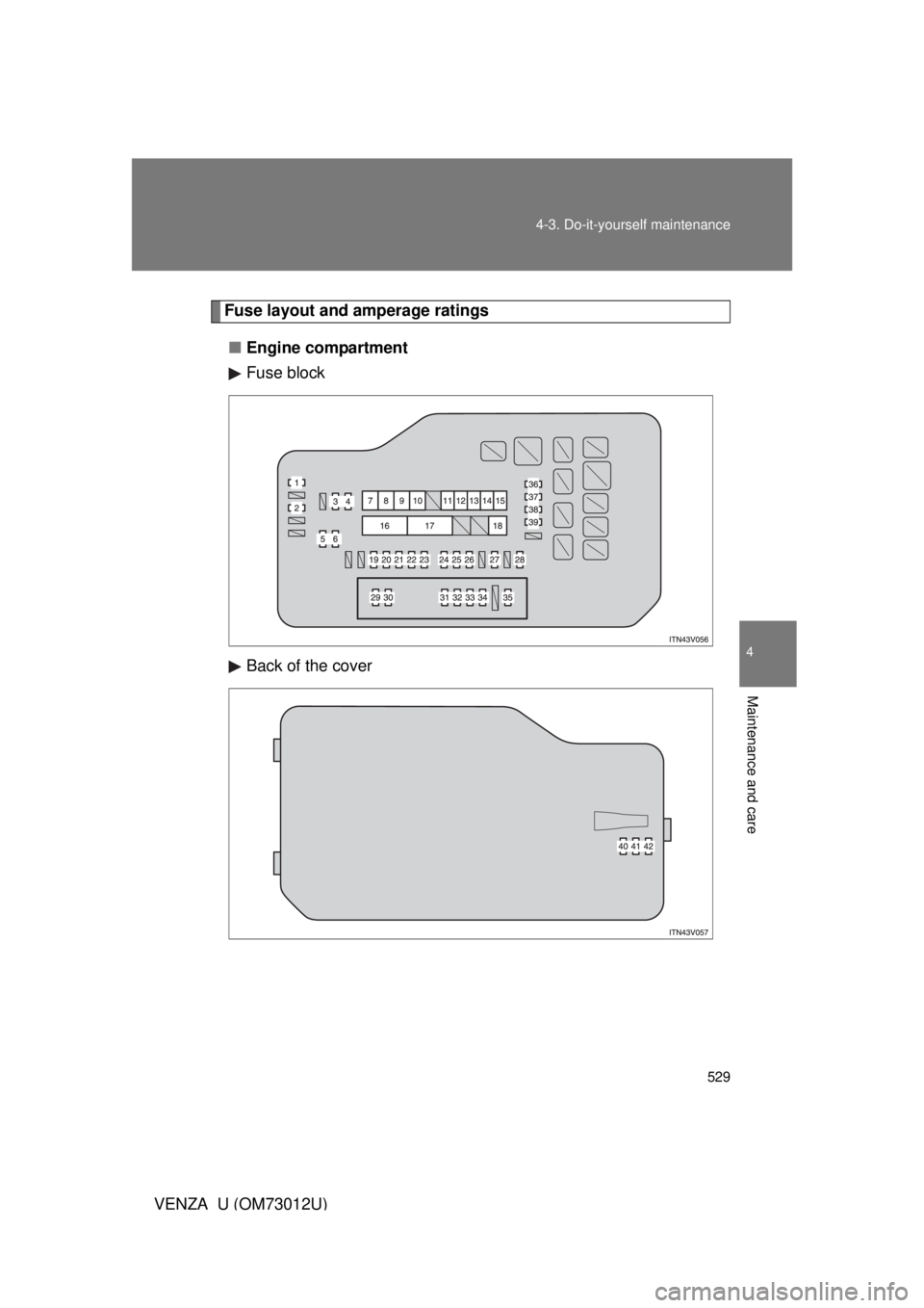 TOYOTA VENZA 2011  Owners Manual (in English) 529
4-3. Do-it-yourself maintenance
4
Maintenance and care
VENZA_U (OM73012U)
Fuse layout and amperage ratings
■ Engine compartment
Fuse block
Back of the cover 