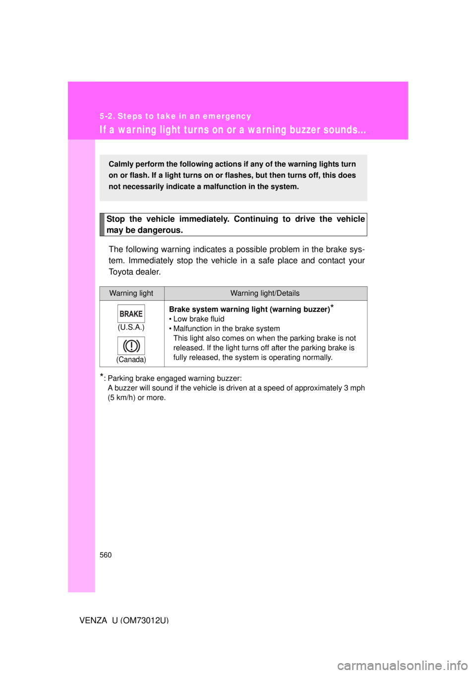 TOYOTA VENZA 2011  Owners Manual (in English) 560
VENZA_U (OM73012U)
5-2. Steps to take in an emergency
If a war ning light turns on or a war ning buzzer sounds...
Stop the vehicle immediately. Continuing to drive the vehicle
may be dangerous.The