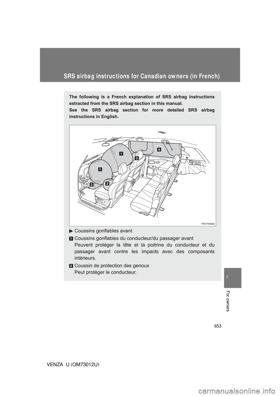 TOYOTA VENZA 2011  Owners Manual (in English) 653
7
VENZA_U (OM73012U)
For owners
SRS airbag instructions for Canadian owners (in French) 