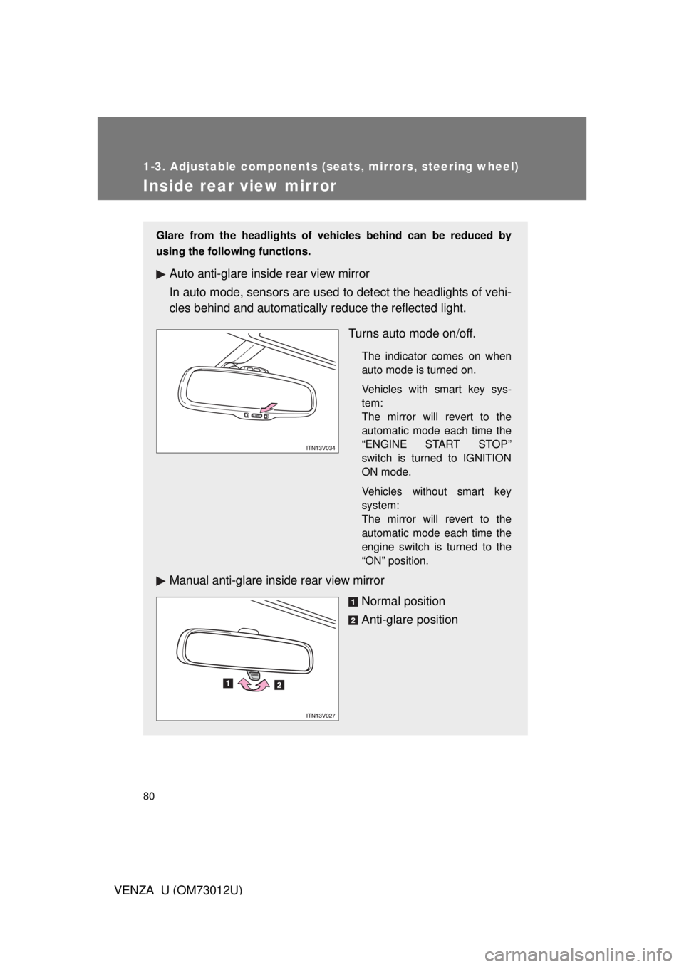 TOYOTA VENZA 2011 (in English) Manual PDF 80
1-3. Adjustable components (seats, mirrors, steering wheel)
VENZA_U (OM73012U)
Inside rear view mirror
Glare from the headlights of vehicles behind can be reduced by
using the following functions.
TOYOTA VENZA 2011 (in English) Manual PDF 80
1-3. Adjustable components (seats, mirrors, steering wheel)
VENZA_U (OM73012U)
Inside rear view mirror
Glare from the headlights of vehicles behind can be reduced by
using the following functions.