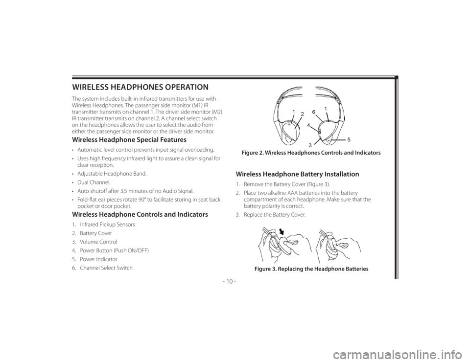 TOYOTA VENZA 2011  Accessories, Audio & Navigation (in English) 128-8673b
20 of 48
- 10 -
WIRELESS HEADPHONES OPERATIONThe system includes built-in infrared transmitters for use with 
Wireless Headphones. The passenger side monitor (M1) IR 
transmitter transmits o