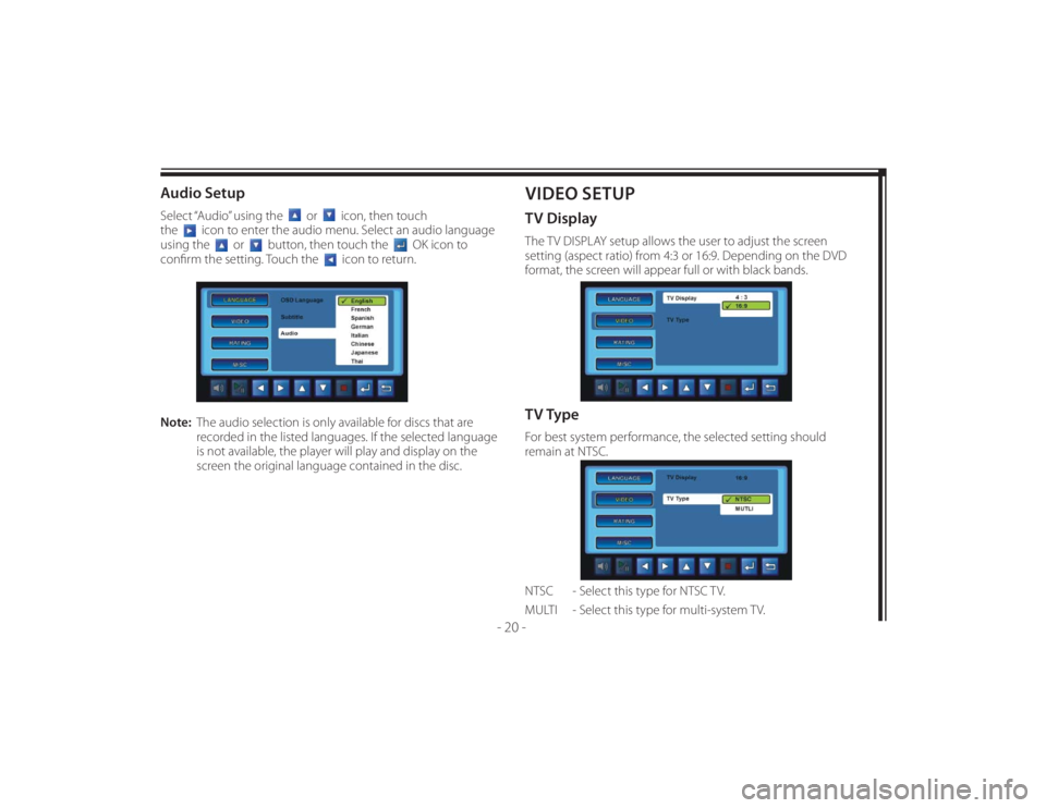 TOYOTA VENZA 2011 Accessories, Audio & Navigation (in English) 128-8673b
30 of 48
- 20 -
Audio SetupSelect “Audio” using the
or
icon, then touch
the
icon to enter the audio menu. Select an audio language
using the
or
button, then touch t TOYOTA VENZA 2011 Accessories, Audio & Navigation (in English) 128-8673b
30 of 48
- 20 -
Audio SetupSelect “Audio” using the
or
icon, then touch
the
icon to enter the audio menu. Select an audio language
using the
or
button, then touch t