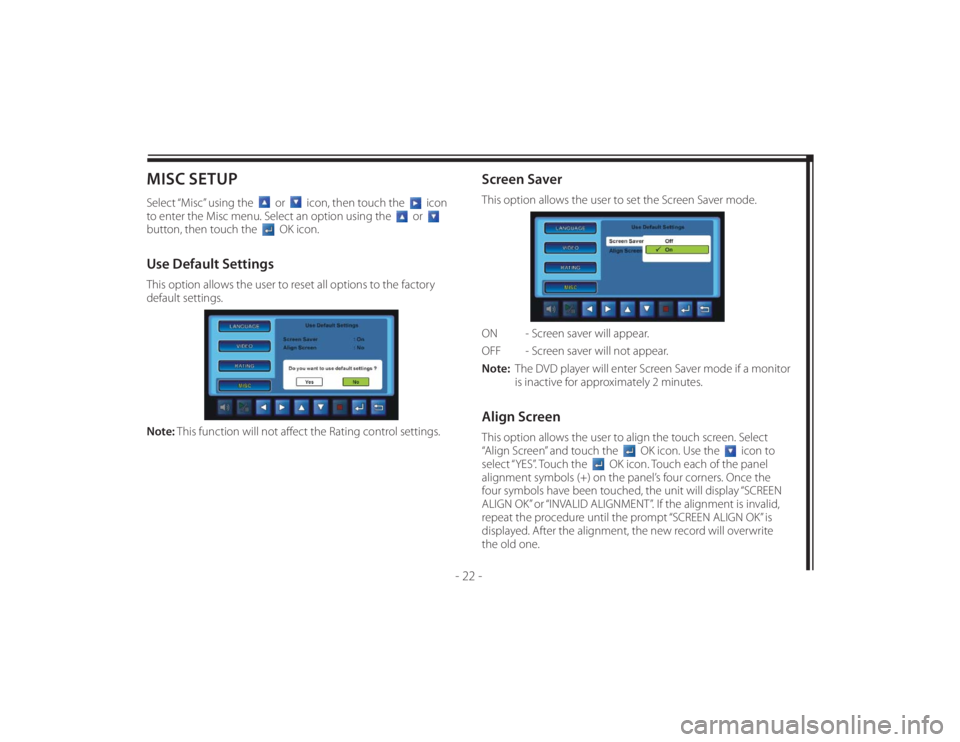 TOYOTA VENZA 2011 Accessories, Audio & Navigation (in English) 128-8673b
32 of 48
- 22 -
MISC SETUPSelect “Misc” using the
or
icon, then touch the
icon
to enter the Misc menu. Select an option using the
or
button, then touch the
OK i TOYOTA VENZA 2011 Accessories, Audio & Navigation (in English) 128-8673b
32 of 48
- 22 -
MISC SETUPSelect “Misc” using the
or
icon, then touch the
icon
to enter the Misc menu. Select an option using the
or
button, then touch the
OK i