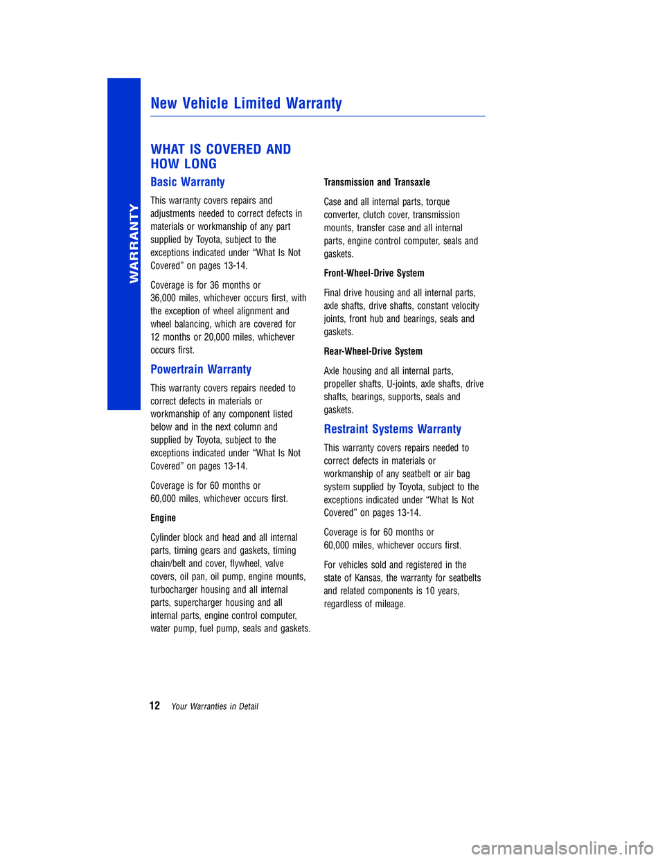 TOYOTA VENZA 2011 Warranties & Maintenance Guides (in English) JOBNAME: 317533-2011-ven-toyw PAGE: 12 SESS: 11 OUTPUT: Mon Sep 13 18:18:36 2010
/tweddle/toyota/sched-maint/317533-en-ven/wg
WHAT IS COVERED AND
HOW LONG
Basic Warranty
This warranty covers repairs a TOYOTA VENZA 2011 Warranties & Maintenance Guides (in English) JOBNAME: 317533-2011-ven-toyw PAGE: 12 SESS: 11 OUTPUT: Mon Sep 13 18:18:36 2010
/tweddle/toyota/sched-maint/317533-en-ven/wg
WHAT IS COVERED AND
HOW LONG
Basic Warranty
This warranty covers repairs a