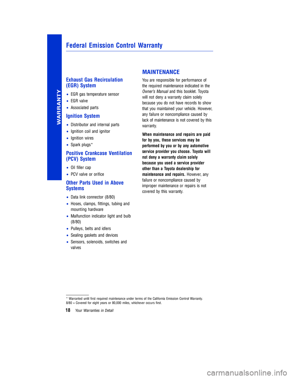 TOYOTA VENZA 2011 Warranties & Maintenance Guides (in English) JOBNAME: 317533-2011-ven-toyw PAGE: 18 SESS: 11 OUTPUT: Mon Sep 13 18:18:36 2010
/tweddle/toyota/sched-maint/317533-en-ven/wg
Exhaust Gas Recirculation
(EGR) System
•EGR gas temperature sensor
• E TOYOTA VENZA 2011 Warranties & Maintenance Guides (in English) JOBNAME: 317533-2011-ven-toyw PAGE: 18 SESS: 11 OUTPUT: Mon Sep 13 18:18:36 2010
/tweddle/toyota/sched-maint/317533-en-ven/wg
Exhaust Gas Recirculation
(EGR) System
•EGR gas temperature sensor
• E